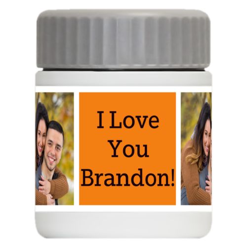 Personalized 12oz food jar personalized with a photo and the saying "I Love You Brandon!" in black and juicy orange