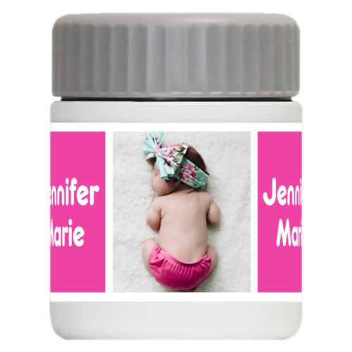 Personalized 12oz food jar personalized with a photo and the saying "Jennifer Marie" in juicy pink and white
