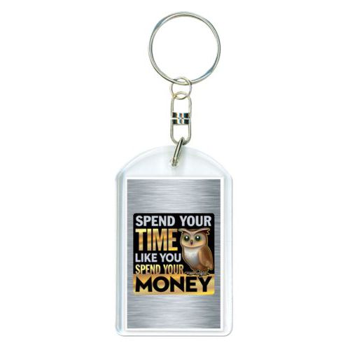 Personalized keychain personalized with steel industrial pattern and the saying "Spend your time like you spend your money"