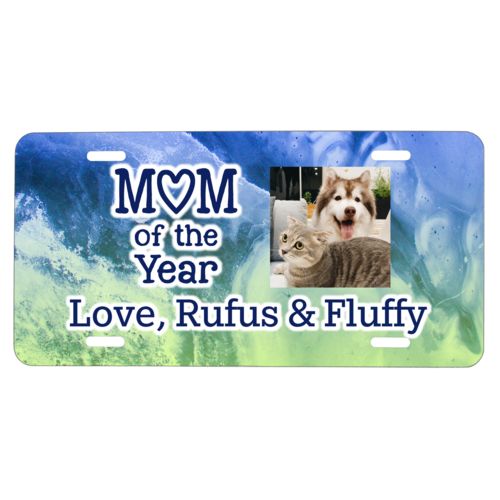 Custom car plate personalized with ombre quartz pattern and photo and the sayings "Mom of the Year" and "Love, Rufus & Fluffy"