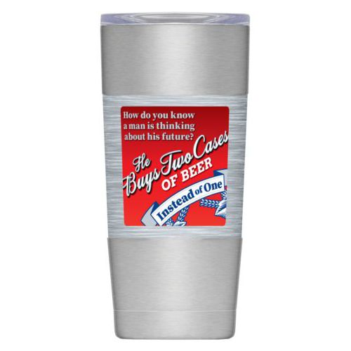 Personalized insulated steel mug personalized with steel industrial pattern and the saying "How do you know a man is thinking about his future?"