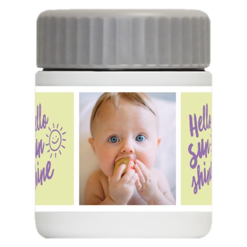 Personalized 12oz food jar personalized with a photo and the saying "hello sunshine" in grape purple and morning dew green