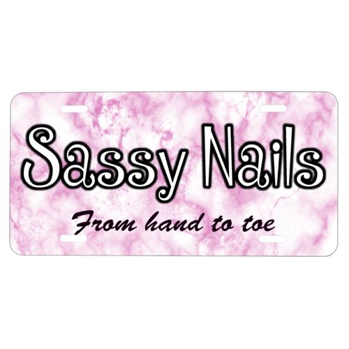Custom car plate personalized with pink marble pattern and the sayings "Sassy Nails" and "From hand to toe"