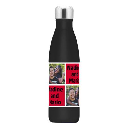 Personalized stainless steel water bottle personalized with a photo and the saying "Nadine and Mario" in black and apple red