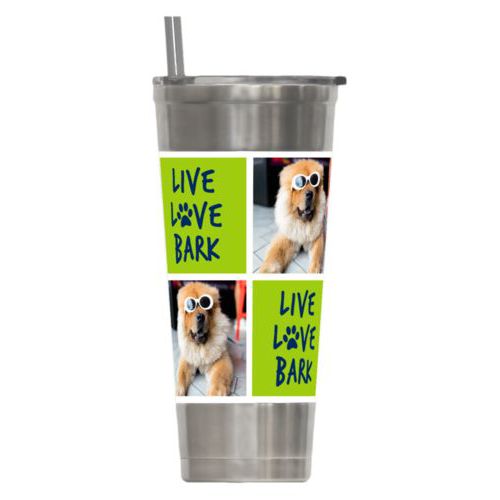 Personalized insulated steel tumbler personalized with a photo and the saying "Live love bark" in navy blue and juicy green
