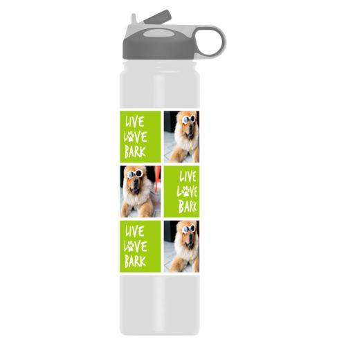Stainless steel water bottle with handle personalized with a photo and the saying "Live love bark" in navy blue and juicy green