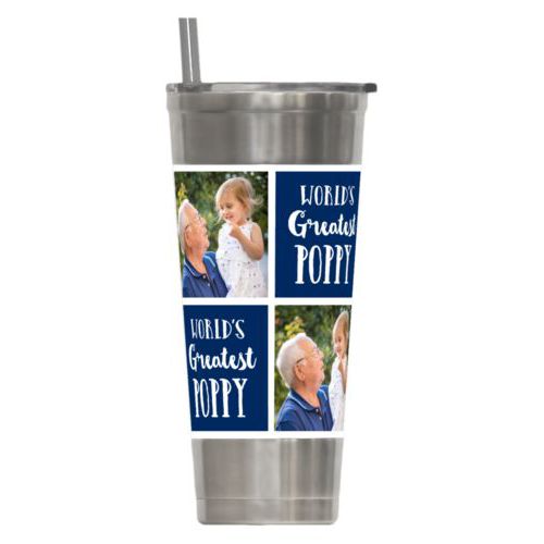 Personalized insulated steel tumbler personalized with a photo and the saying "World's Greatest Poppy" in navy blue and white