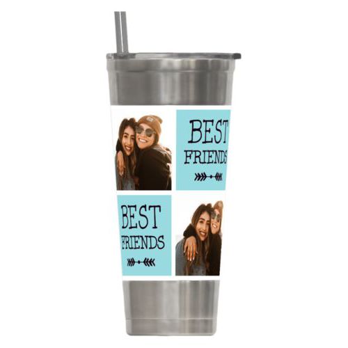 Personalized insulated steel tumbler personalized with a photo and the saying "Best Friends" in black and robin's shell