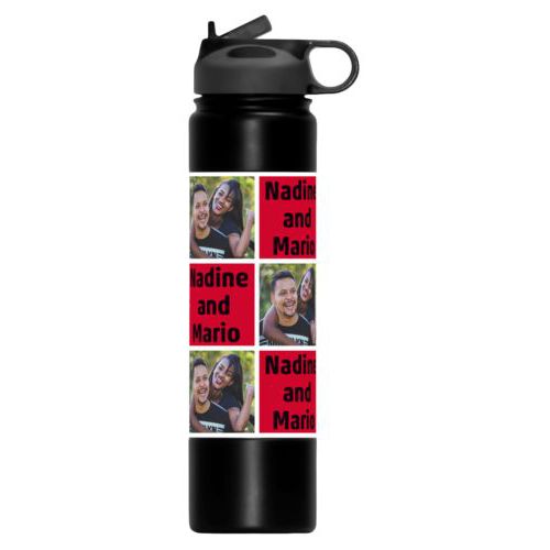 Personalized water bottle personalized with a photo and the saying "Nadine and Mario" in black and apple red