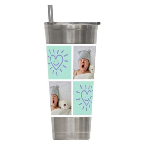 Personalized insulated steel tumbler personalized with a photo and the saying "Smiling Heart" in easter purple and mint
