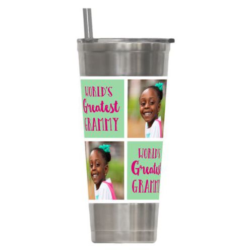 Personalized insulated steel tumbler personalized with a photo and the saying "World's Greatest Grammy" in pomegranate and spearmint