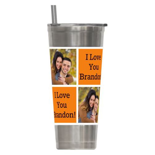 Personalized insulated steel tumbler personalized with a photo and the saying "I Love You Brandon!" in black and juicy orange