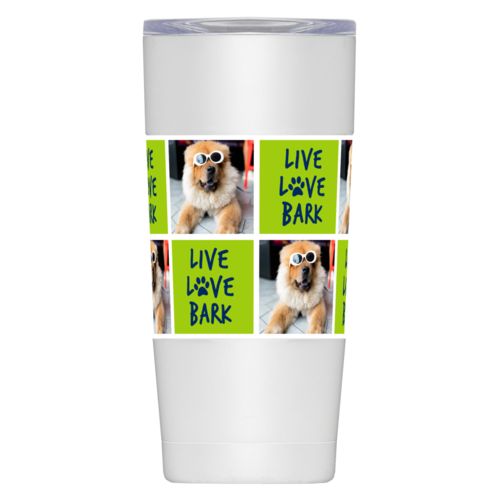 Personalized insulated steel mug personalized with a photo and the saying "Live love bark" in navy blue and juicy green