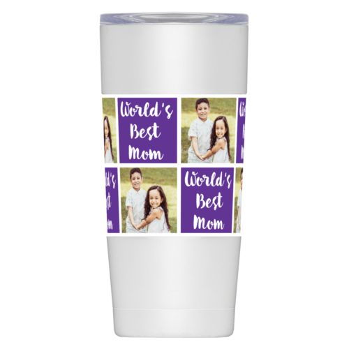 Personalized insulated steel mug personalized with a photo and the saying "Jamie World's Best Mom" in purple and white