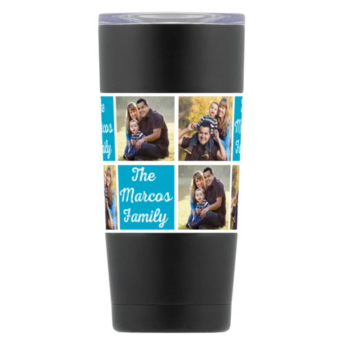 Personalized insulated steel mug personalized with photos and the saying "The Marcos Family" in juicy blue and white