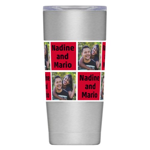 Personalized insulated mugs personalized with photos of a couple and their names