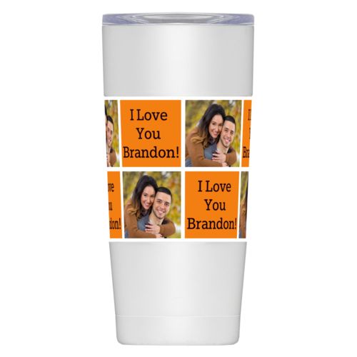 Personalized insulated steel mug personalized with a photo and the saying "I Love You Brandon!" in black and juicy orange