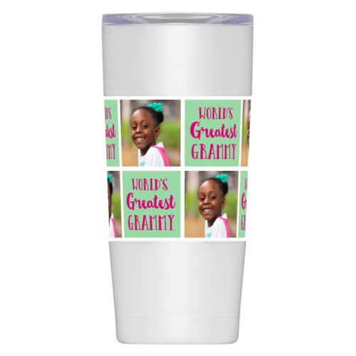 Personalized insulated steel mug personalized with a photo and the saying "World's Greatest Grammy" in pomegranate and spearmint