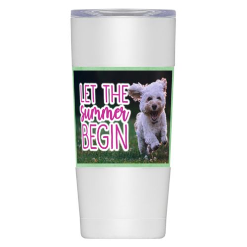 Personalized insulated steel mug personalized with photo and the saying "Let the summer begin"