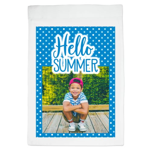 Personalized lawn flag personalized with photo and the saying "Hello Summer"