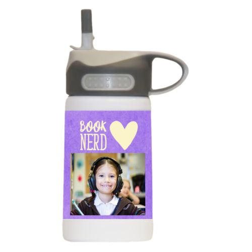 Water bottle for girls personalized with purple chalk pattern and photo and the sayings "book nerd" and "Heart"