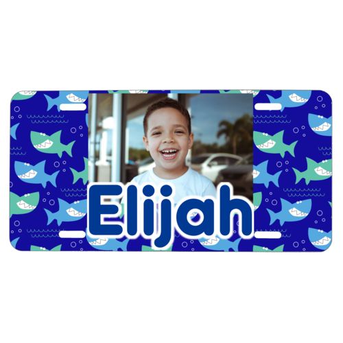 Custom car plate personalized with sharks pattern and photo and the saying "Elijah"