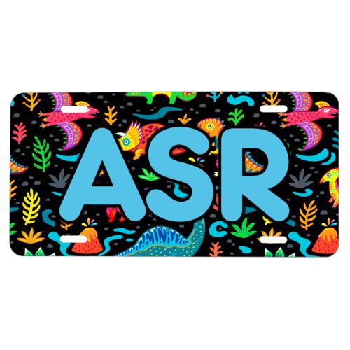 Custom car plate personalized with dinos pattern and the saying "ASR"