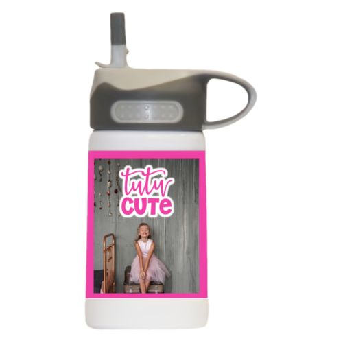 Kids insulated water bottle personalized with photo and the saying "tutu cute"