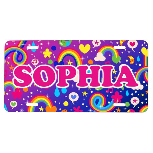 Custom car tag personalized with rainbows pattern and the saying "SOPHIA"