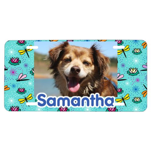 Custom plate personalized with bugs dragonfly pattern and photo and the saying "Samantha"