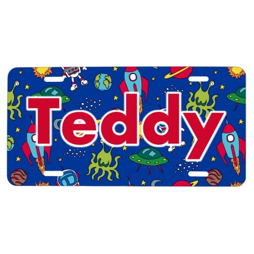 Custom car plate personalized with space pattern and the saying "Teddy"