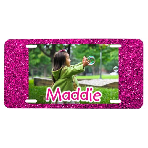 Custom license plate personalized with pink glitter pattern and photo and the saying "Maddie"