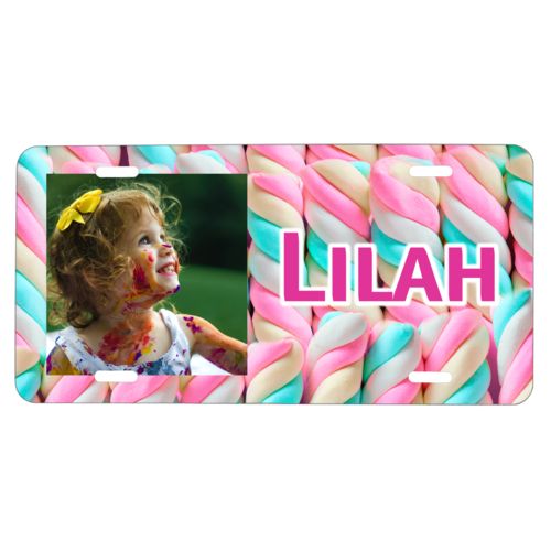 Custom car plate personalized with sweets twist pattern and photo and the saying "Lilah"