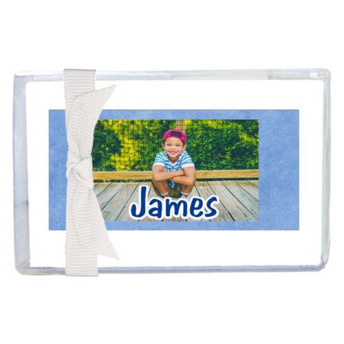 Personalized enclosure cards personalized with blue chalk pattern and photo and the saying "James"