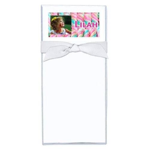 Personalized note sheets personalized with sweets twist pattern and photo and the saying "Lilah"