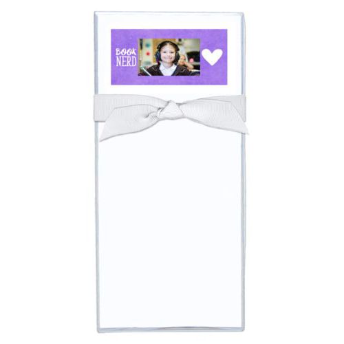 Personalized note sheets personalized with purple chalk pattern and photo and the sayings "book nerd" and "Heart"