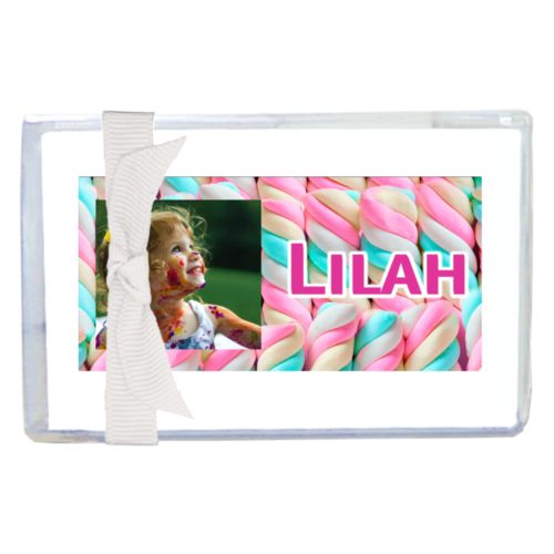 Personalized enclosure cards personalized with sweets twist pattern and photo and the saying "Lilah"