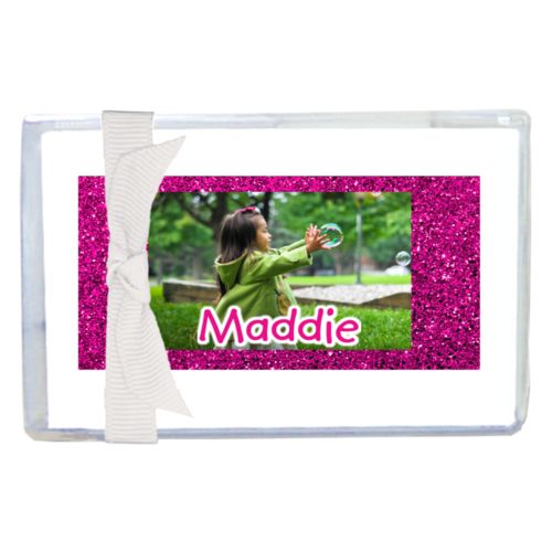 Personalized enclosure cards personalized with pink glitter pattern and photo and the saying "Maddie"