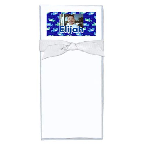 Personalized note sheets personalized with sharks pattern and photo and the saying "Elijah"
