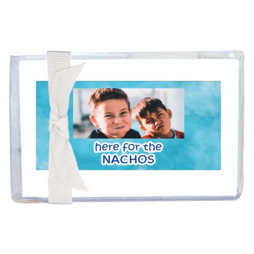 Personalized enclosure cards personalized with teal cloud pattern and photo and the saying "here for the Nachos"