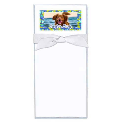 Personalized note sheets personalized with sup pattern and photo and the saying "Surfer Dog"