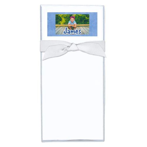 Personalized note sheets personalized with blue chalk pattern and photo and the saying "James"