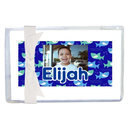 Personalized enclosure cards personalized with sharks pattern and photo and the saying "Elijah"
