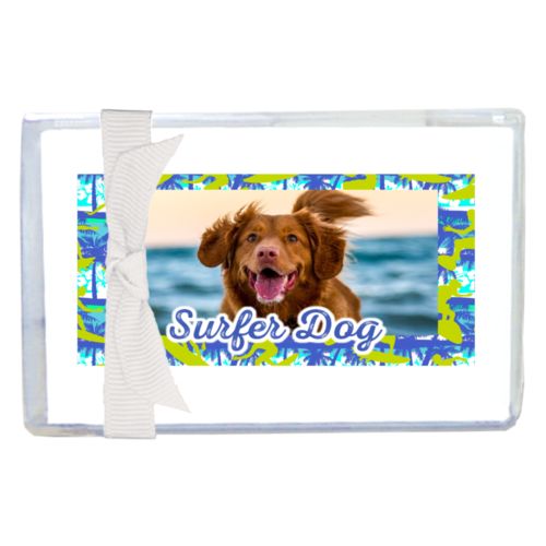 Personalized enclosure cards personalized with sup pattern and photo and the saying "Surfer Dog"
