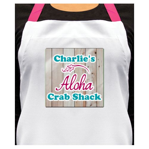 Personalized apron personalized with light wood pattern and the sayings "Aloha" and "Charlie's Crab Shack"