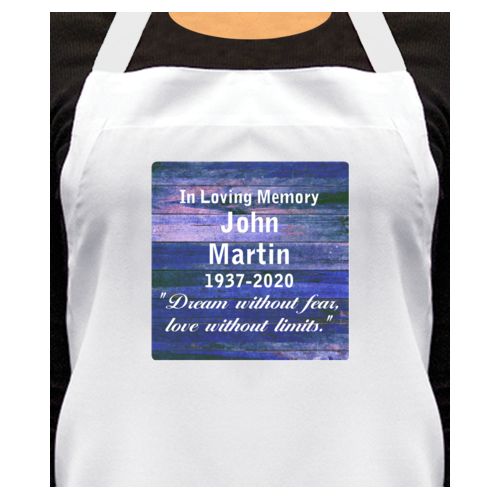 Personalized apron personalized with royal rustic pattern and the saying "In Loving Memory John Martin 1937-2020 "Dream without fear, love without limits.""