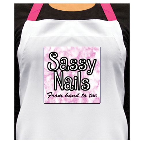 Personalized apron personalized with pink marble pattern and the sayings "Sassy Nails" and "From hand to toe"