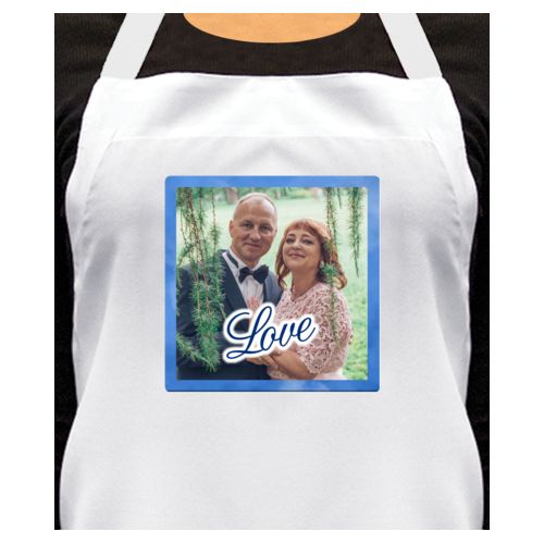 Personalized apron personalized with blue cloud pattern and photo and the saying "love"