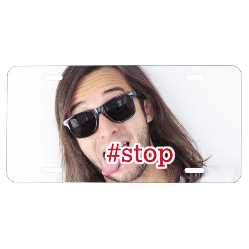 Personalized license plate personalized with photo and the saying "#stop"
