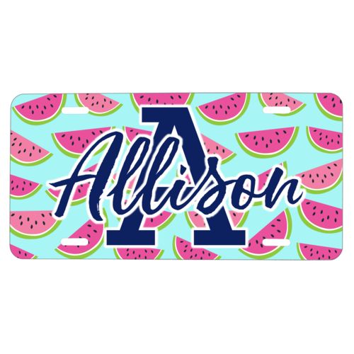 Custom car plate personalized with fruit watermelon pattern and the sayings "A" and "Allison"